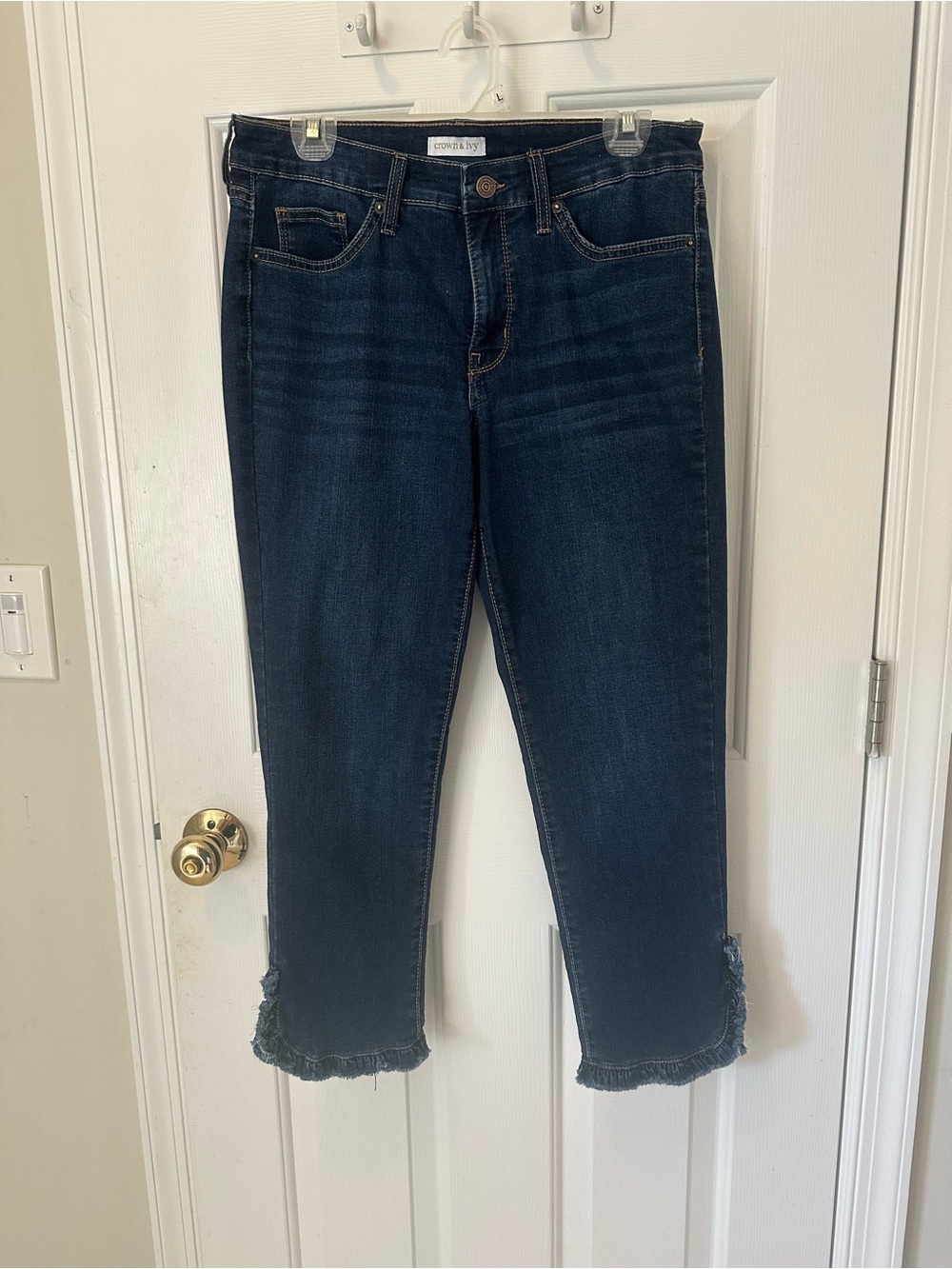 crown & ivy Dark Blue Cropped Frayed Hem Jeans